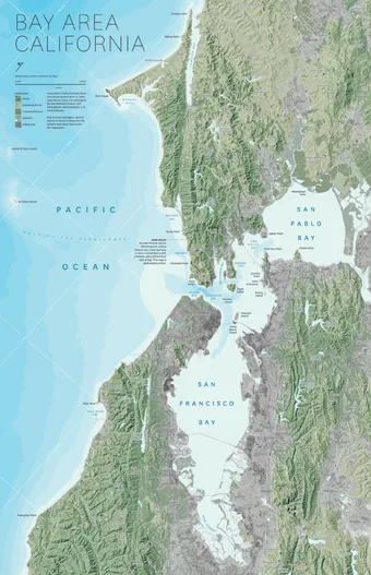 Bay Area, CA map by Evan Applegate. My first relief map; I had Daniel Huffman at my elbow and he was crucial to how cute it looked at the end.